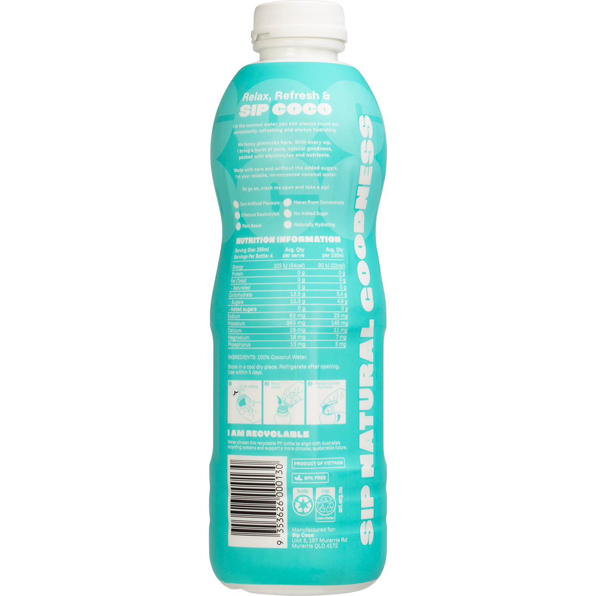 Sip Coco 100% Pure Coconut Water 1 Litre x 6 Pack