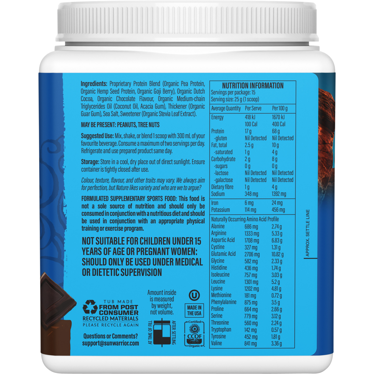 Sunwarrior Protein Powder Warrior Blend Chocolate 375g