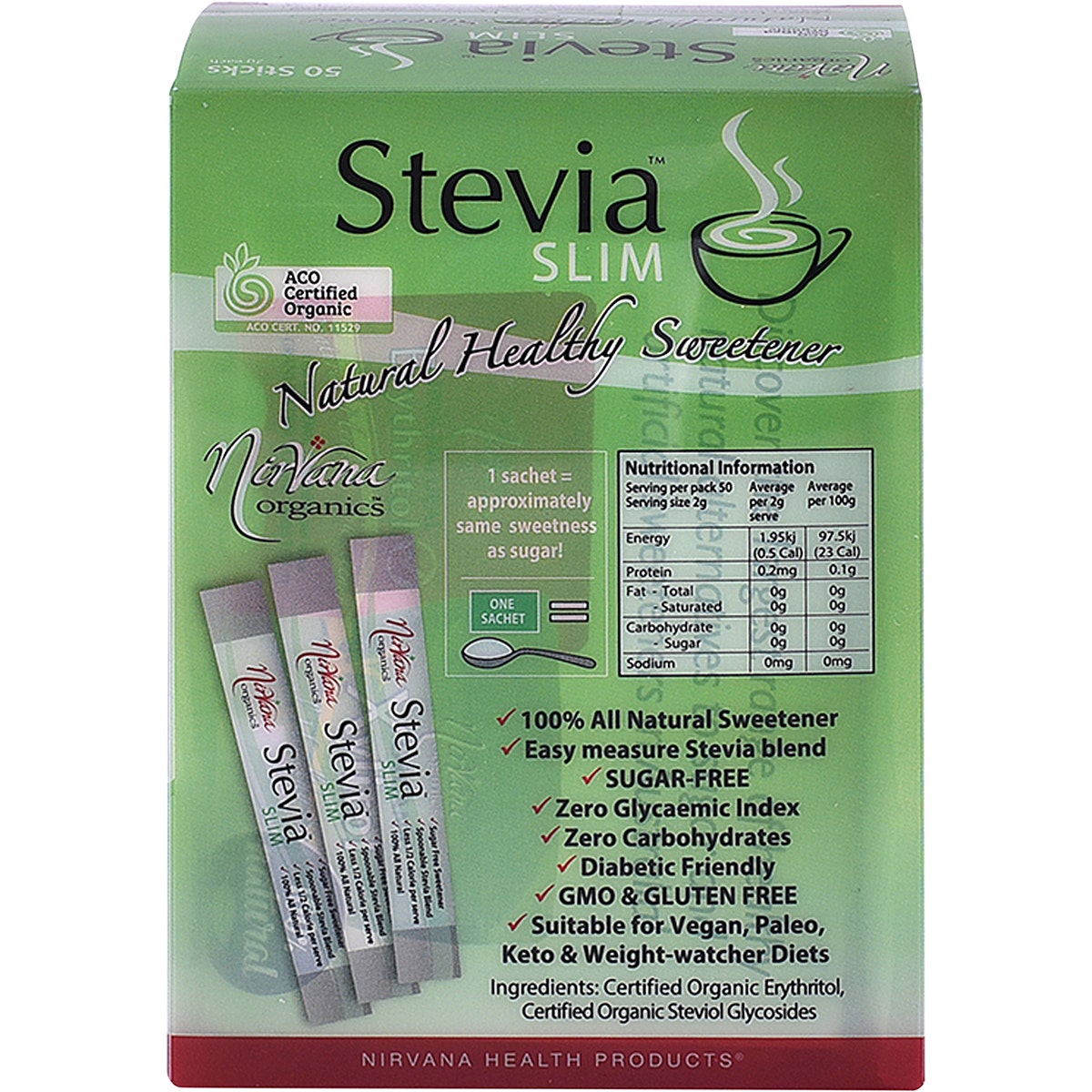 NIRVANA ORGANICS Stevia & Erythritol Sweetener Stevia Slim Sticks 50x2g NIRVANA