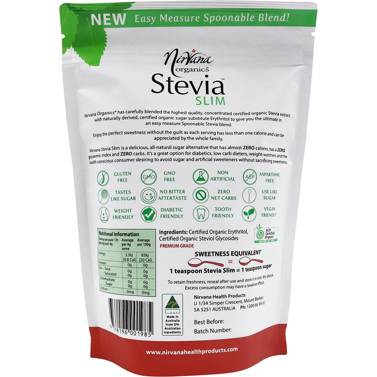 NIRVANA ORGANICS Stevia & Erythritol Sweetener Stevia Slim Spoonable 500g NIRVANA