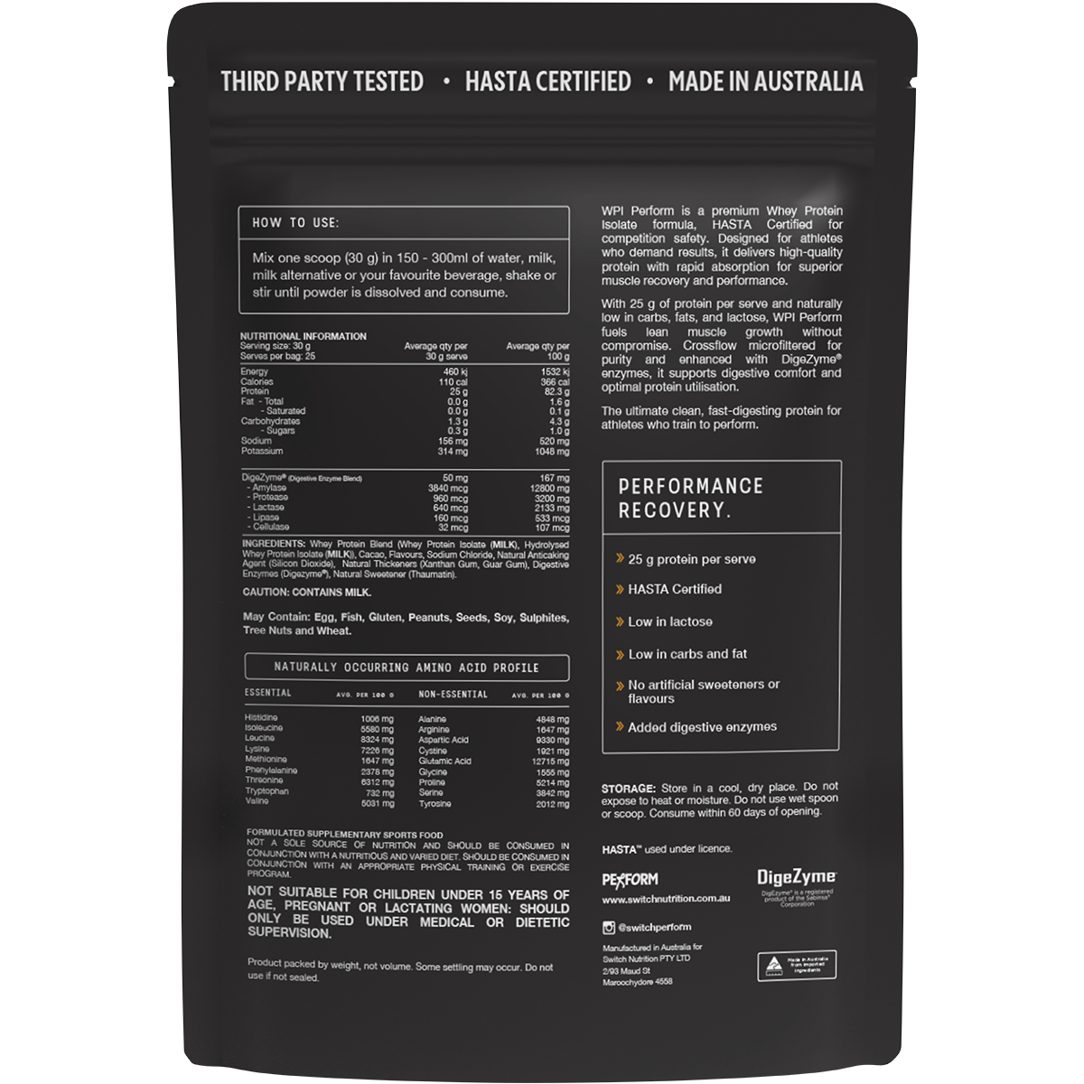 Switch Nutrition Perform HASTA Certified Whey Protein Isolate Chocolate Milk 750g