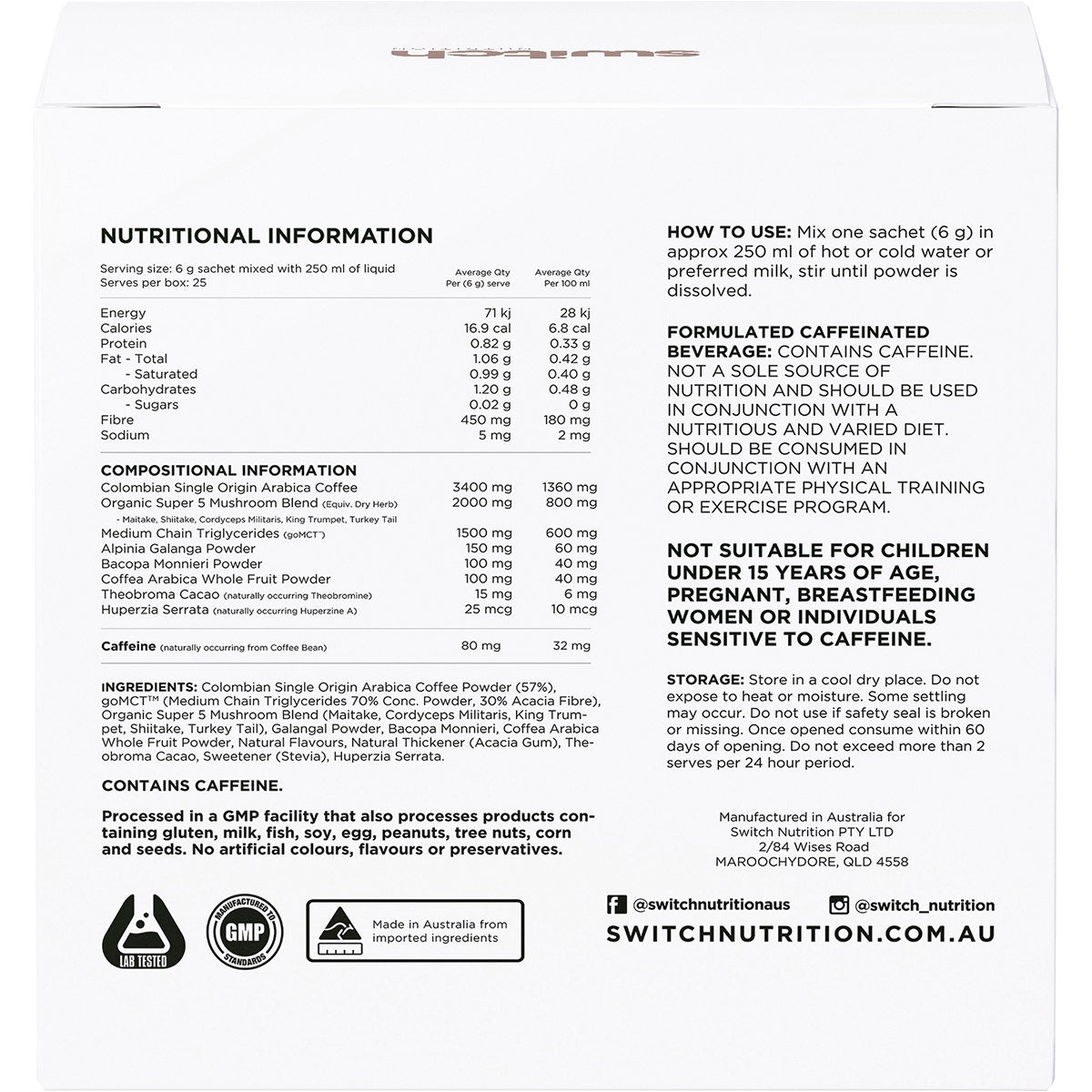 SWITCH NUTRITION Coffee Mental Focus Elixir Naked Espresso 25pk - Cutprice Online