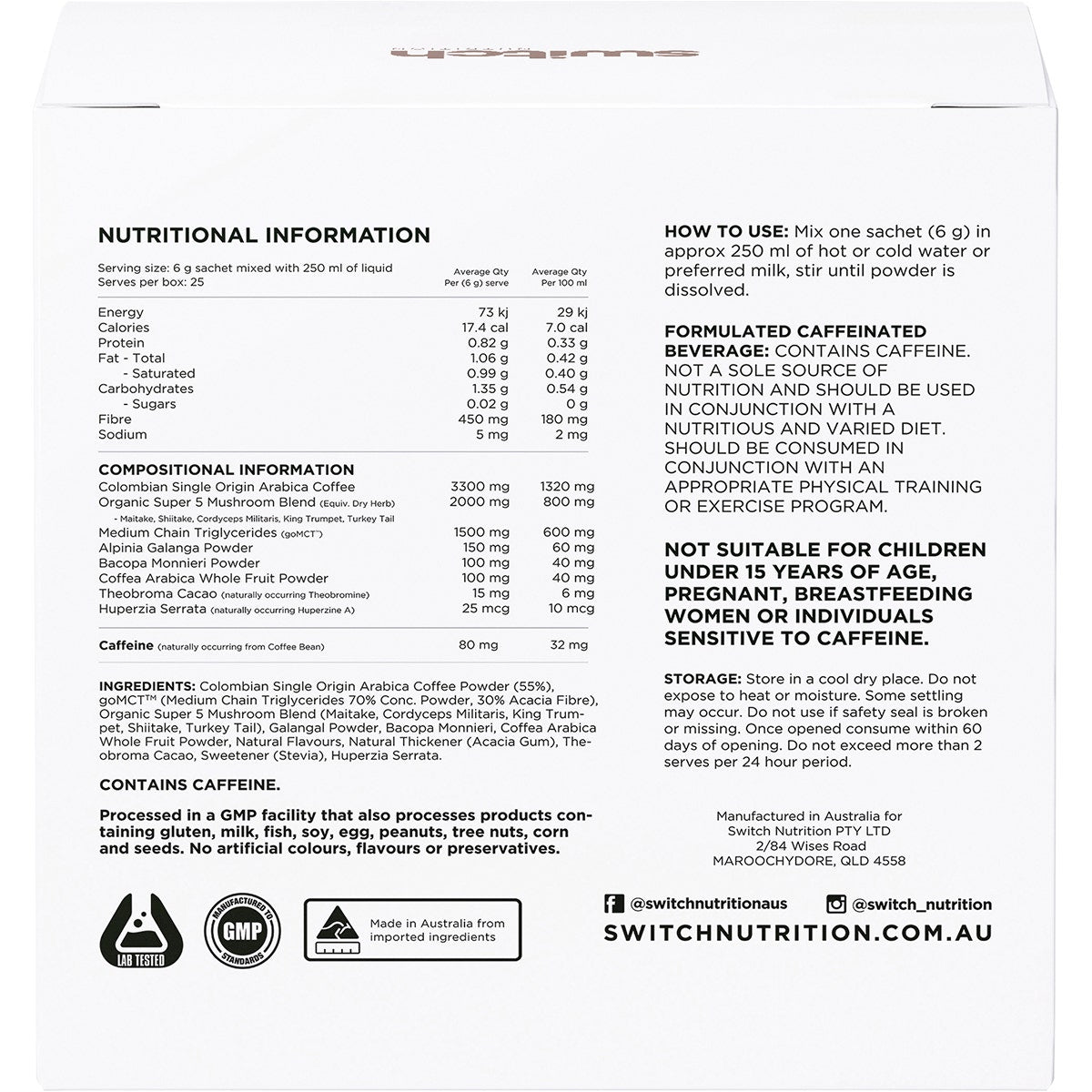 SWITCH NUTRITION Coffee Mental Focus Elixir Espresso Sweetened 25pk - Cutprice Online
