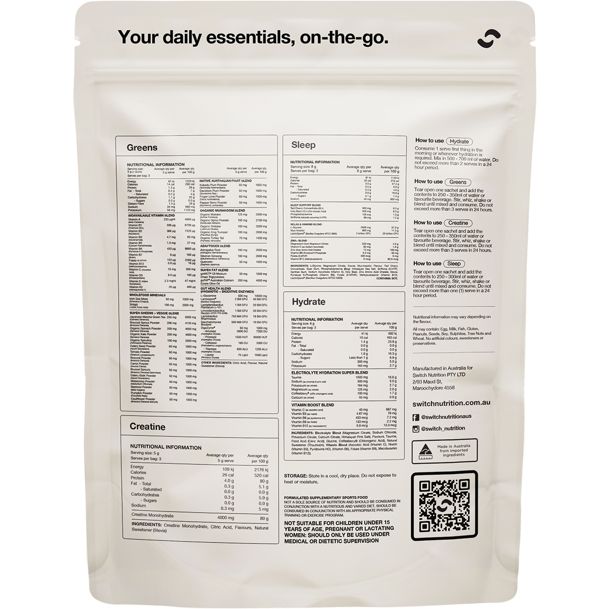 Switch Nutrition Daily Essentials Sachets (Hydrate, Greens, Creatine & Sleep) 12 Pack
