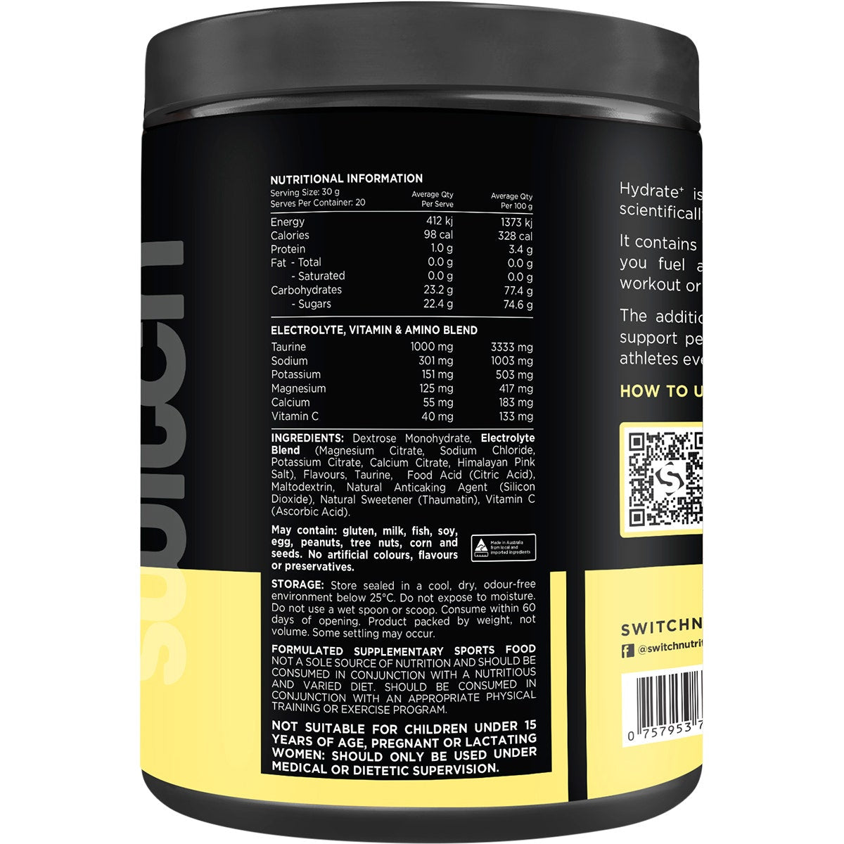 SWITCH NUTRITION Hydrate+ Electrolytes & Carbohydrate Kiwi Watermelon 600g - Cutprice Online