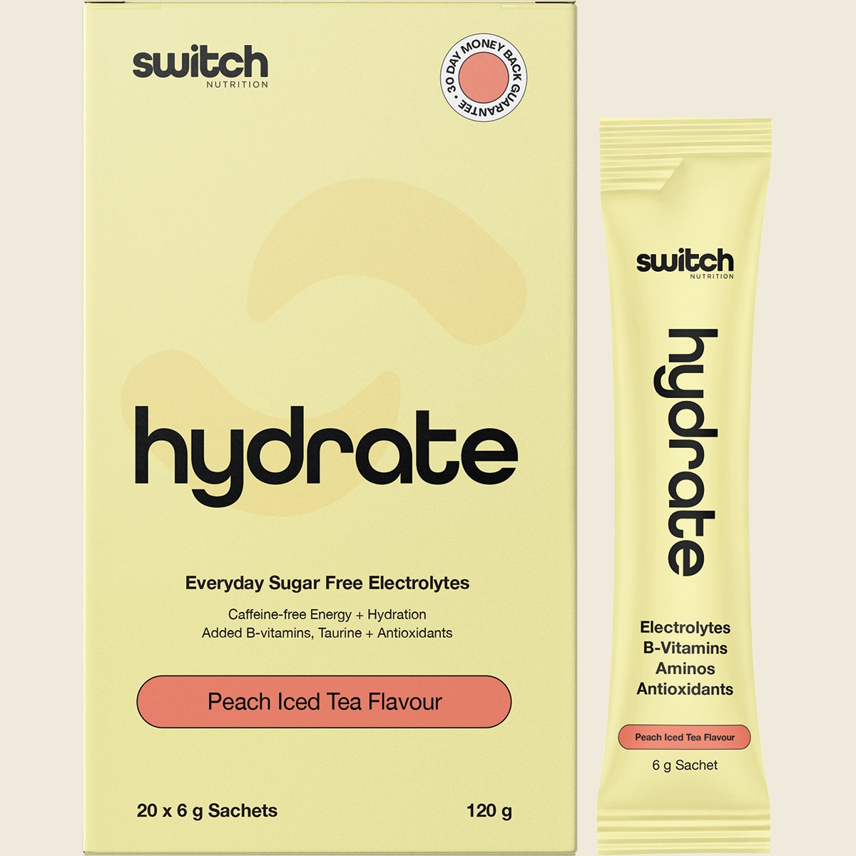 Switch Nutrition Hydrate Everyday Sugar Free Electrolyte Schts Peach Iced Tea 20x6g