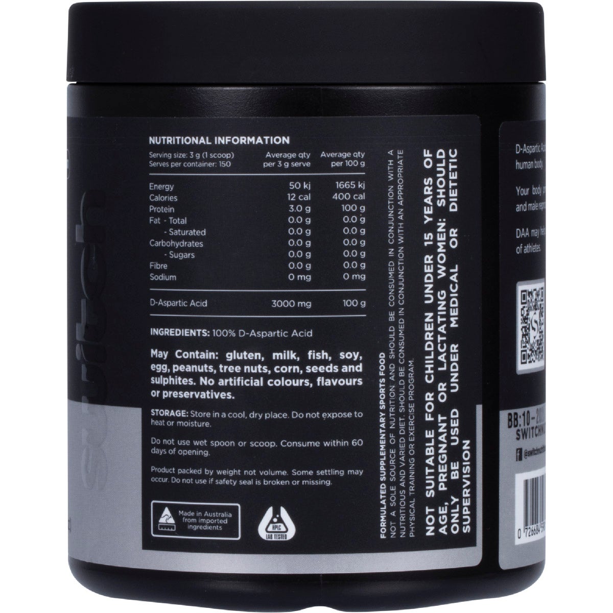 Switch Nutrition Daa 100% Pure D-aspartic Acid Unflavoured 150g - Cutprice Online