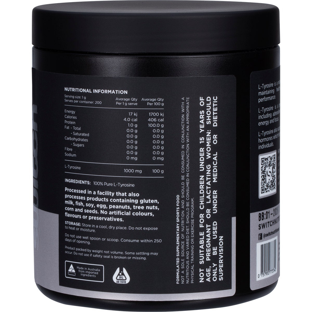 Switch Nutrition Tyrosine 100% Pure L-tyrosine Unflavoured 200g - Cutprice Online