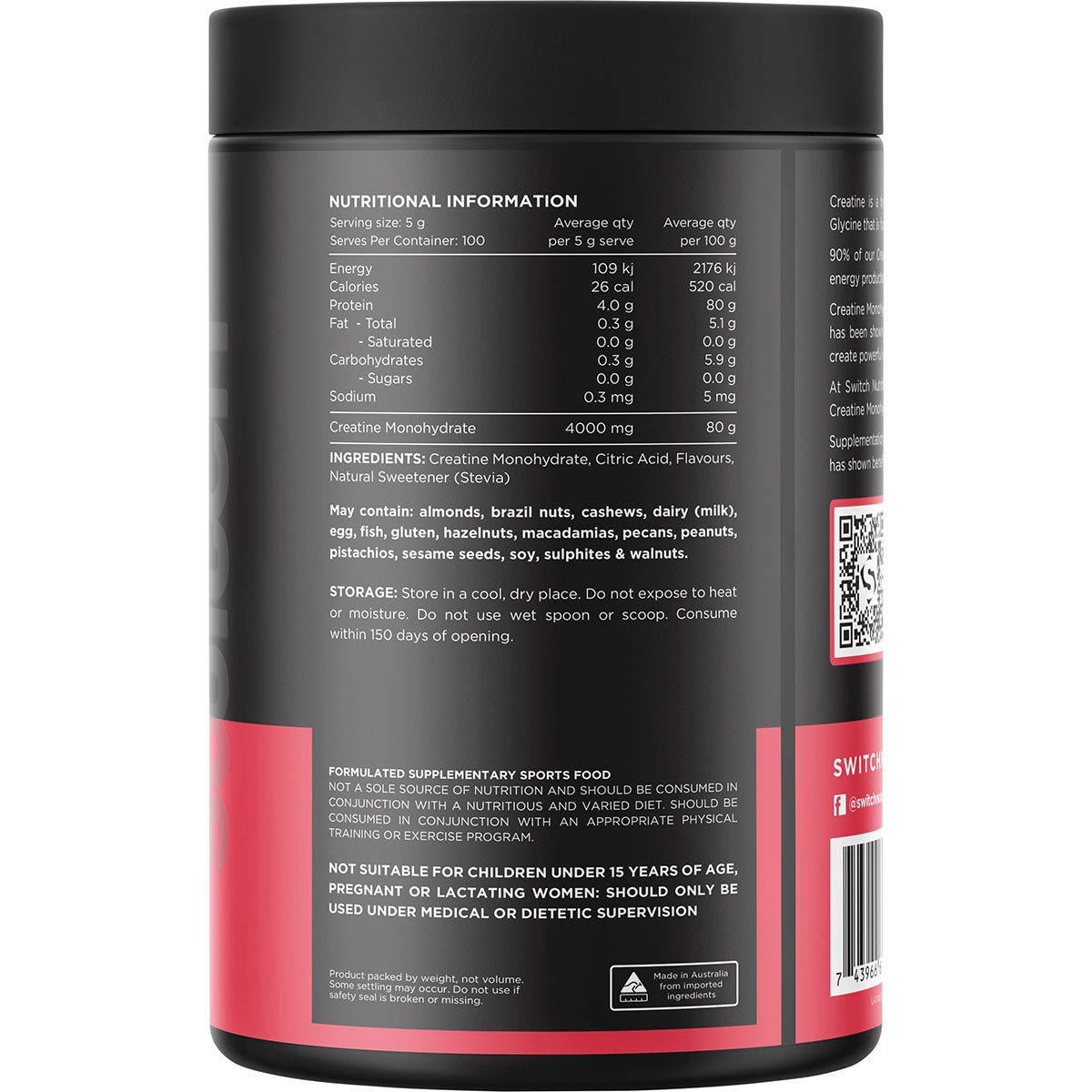 Switch Nutrition Creatine Monohydrate Red Raspberry 500g - Cutprice Online
