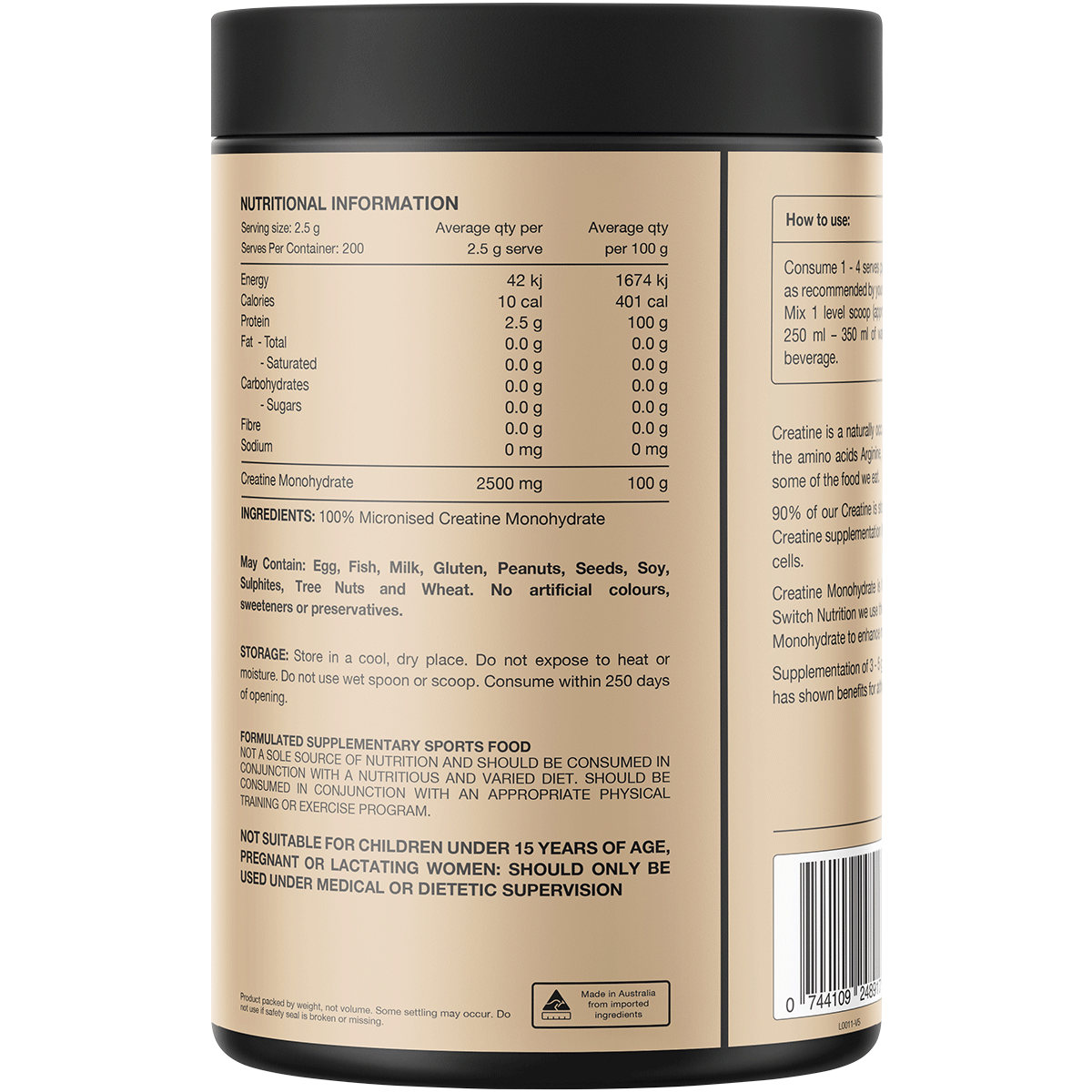 SWITCH NUTRITION Creatine 100% Pure Monohydrate Unflavoured 500g Switch Nutrition