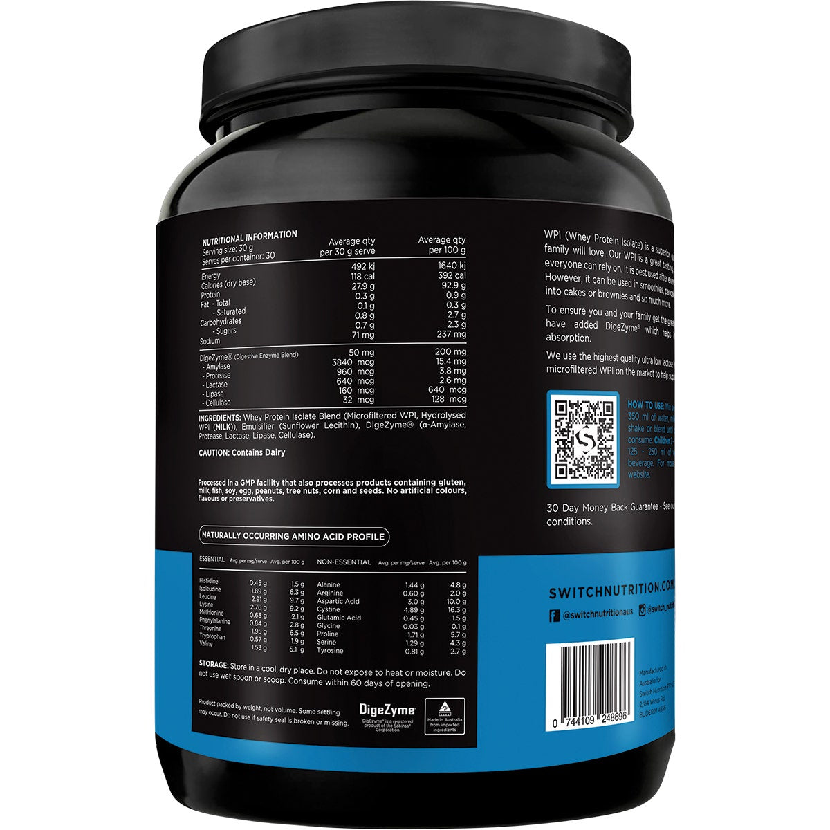 Switch Nutrition WPI Premium Whey Protein Isolate Unflavoured 900g - Cutprice Online