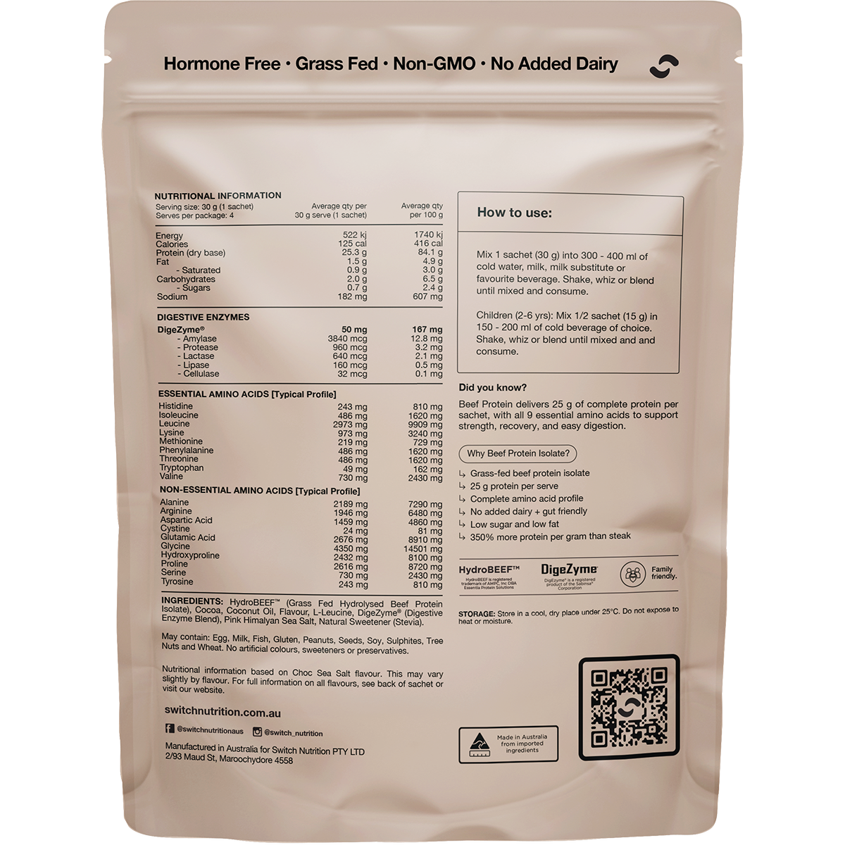 Switch Nutrition Beef Protein Isolate Sample Pouch 30g x 4 Pack
