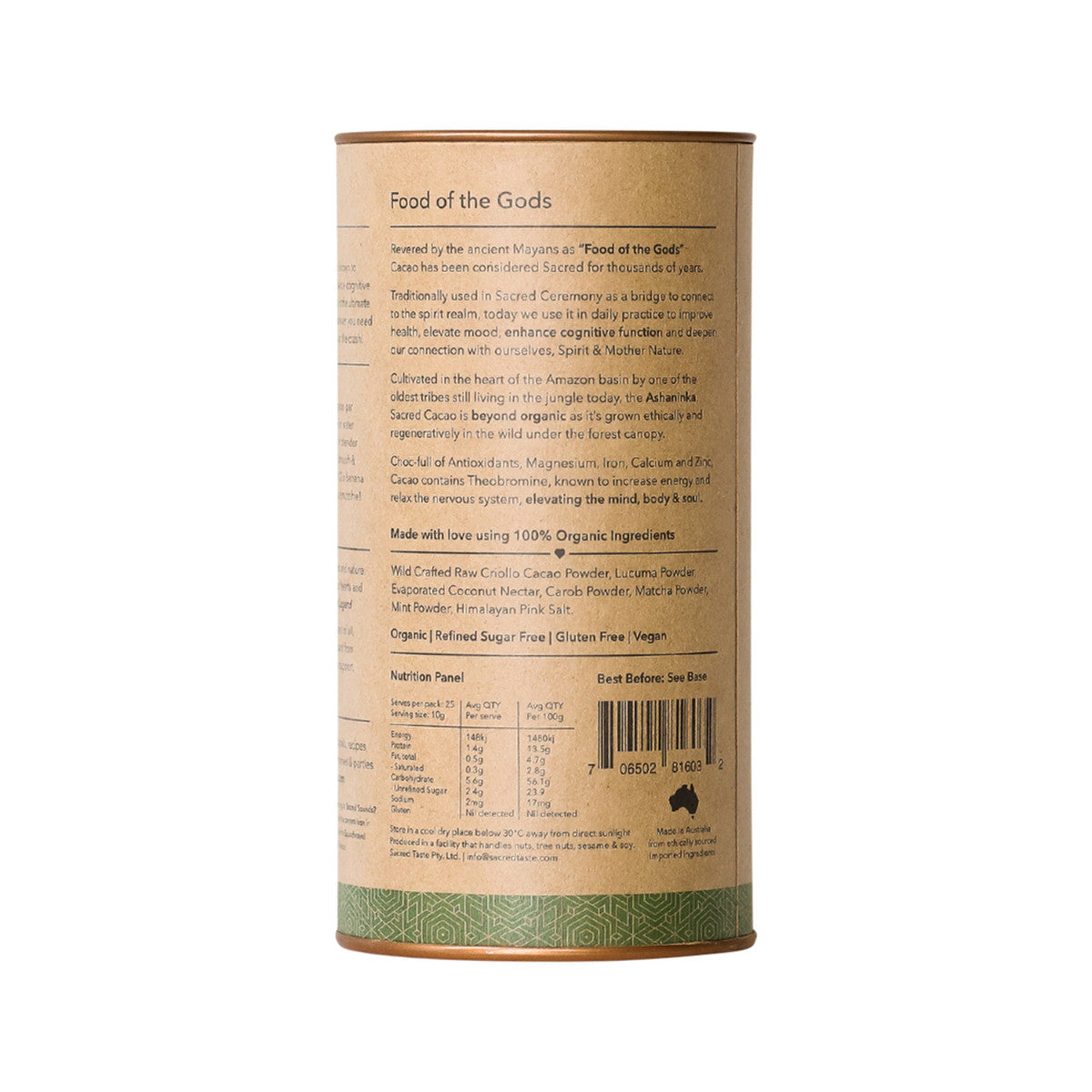 Sacred Taste Organic Drinking Cacao (Matcha Mint Cacao) Vitality 250g - Cutprice Online