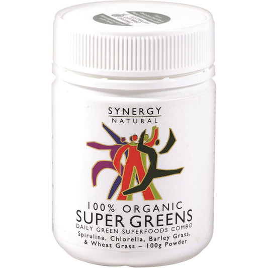 Synergy Natural Organic Super Greens (Spirulina, Chlorella, Barley Grass & Wheat Grass) Powder 100g - Cutprice Online