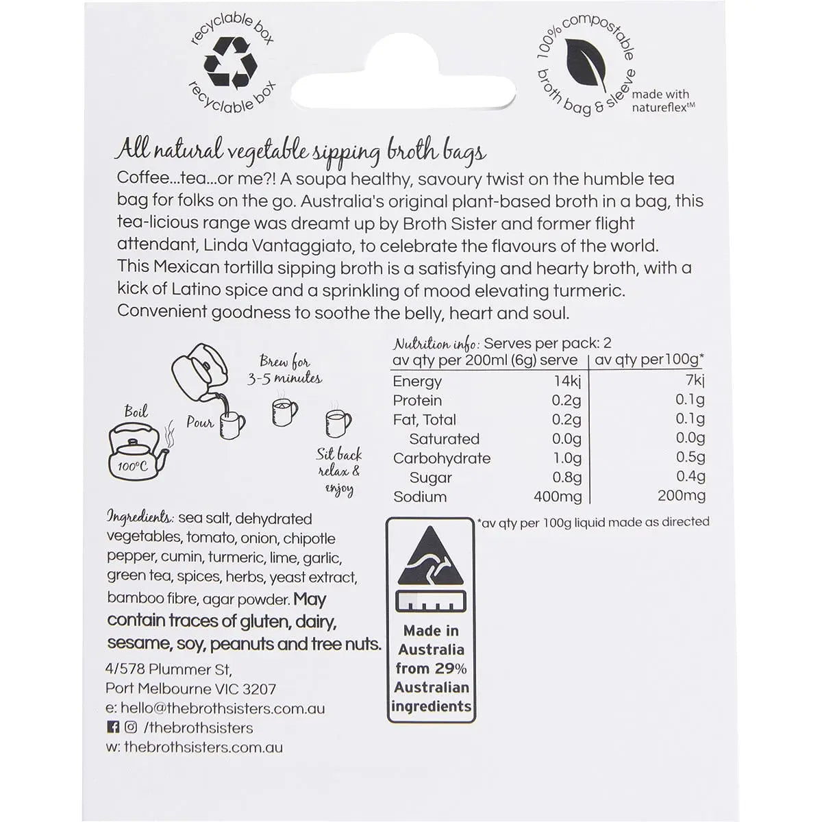 THE BROTH SISTERS Vegetable Sipping Broth Bags Mexican Tortilla 2 THE BROTH SISTERS