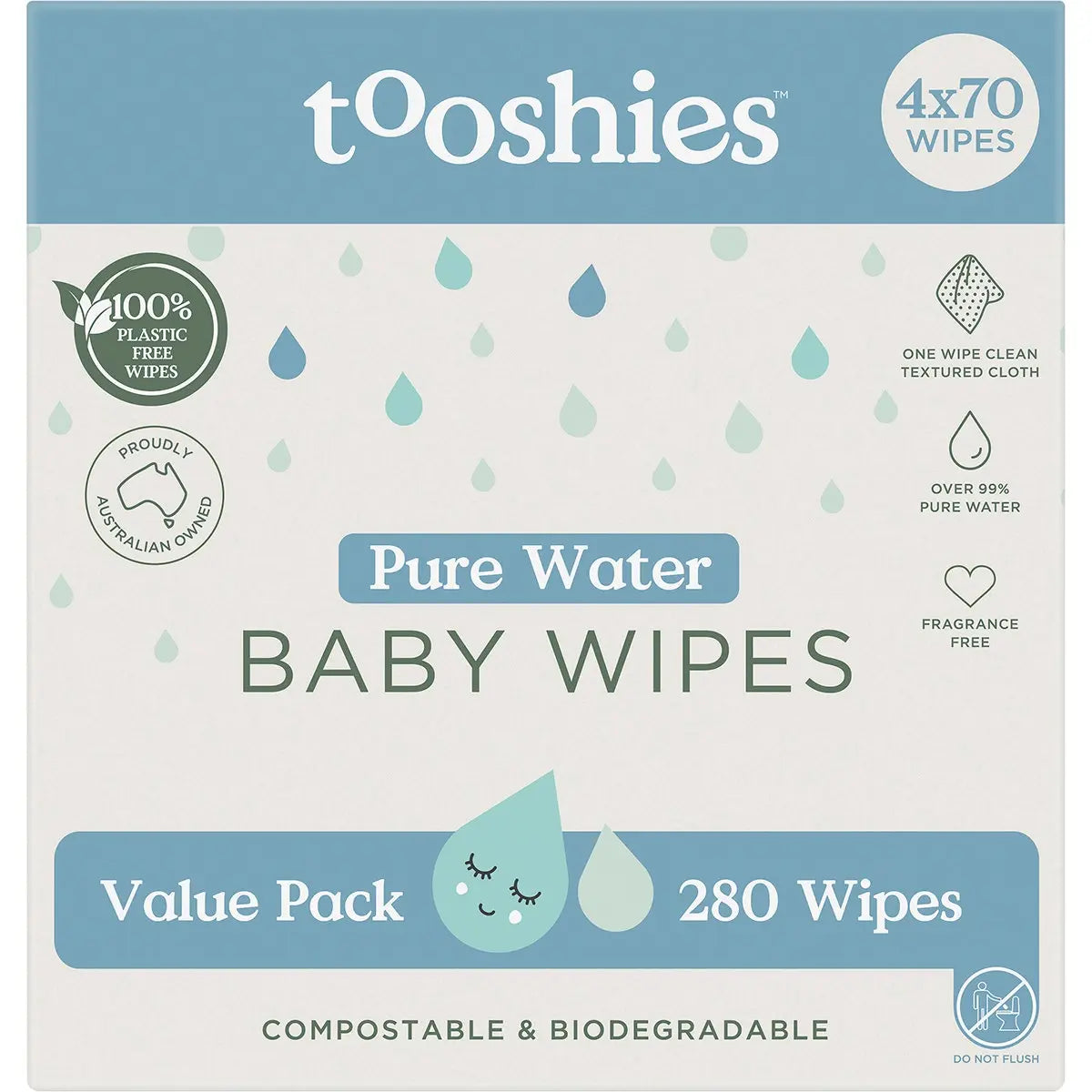 TOOSHIES BY TOM Pure Baby Wipes 99% Pure Water 70 TOOSHIES BY TOM