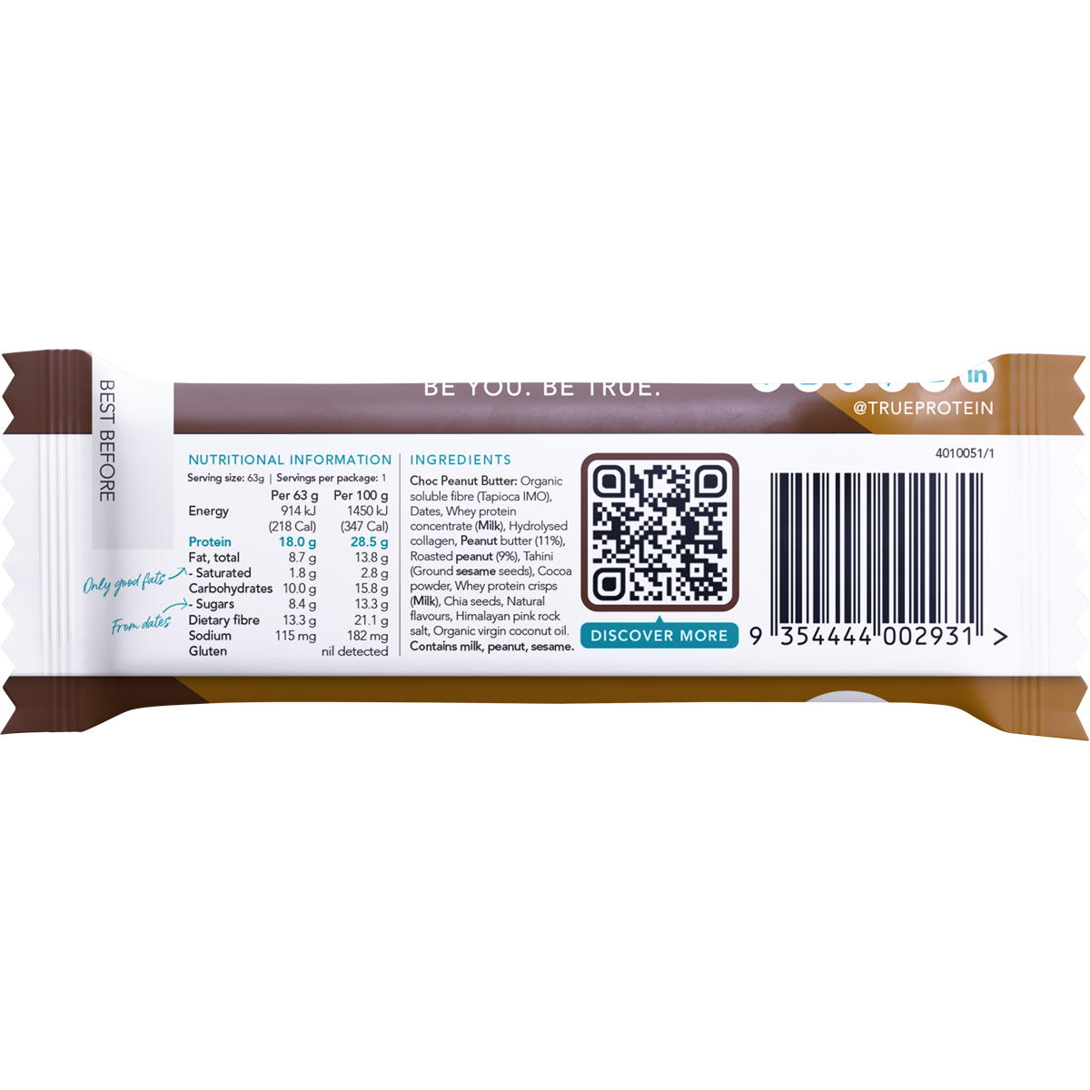 True Protein Choc Peanut Butter Protein Bar 63g x 12 Pack