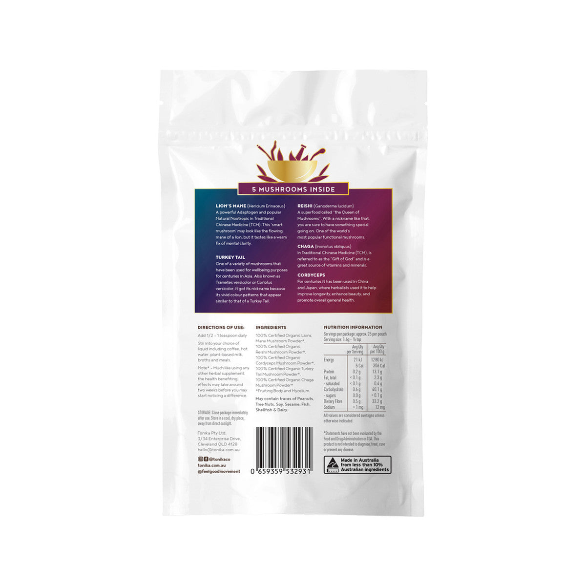 Tonika 100% Organic Mushroom Powder 5 Mushroom Blend 90g - Cutprice Online