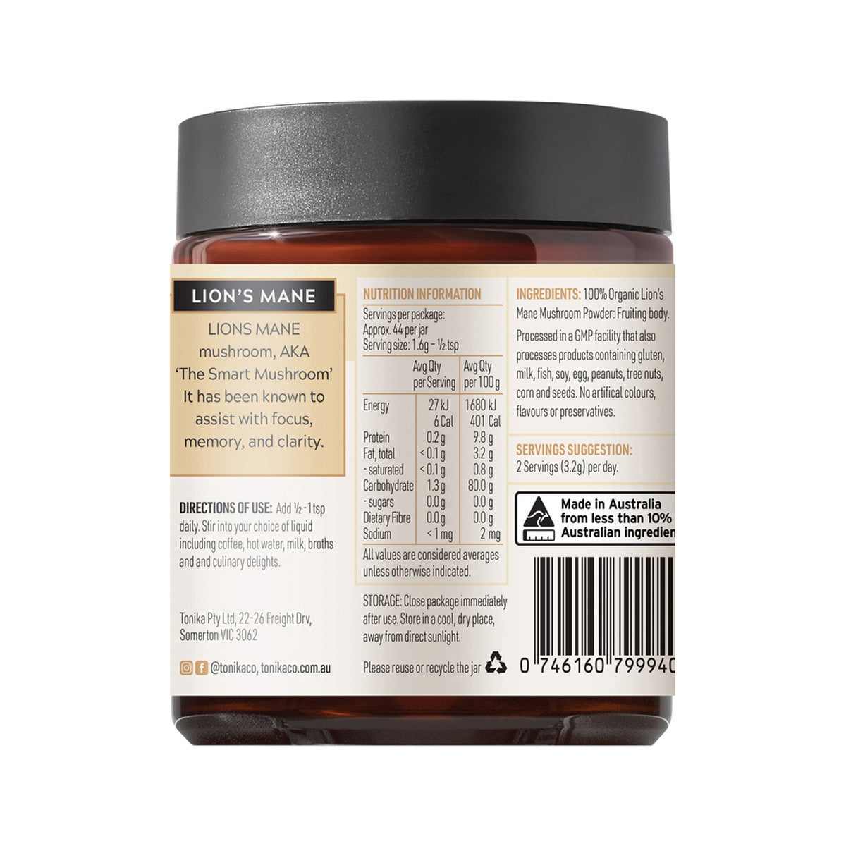 Tonika 100% Organic Mushroom Powder Lion's Mane 90g - Cutprice Online