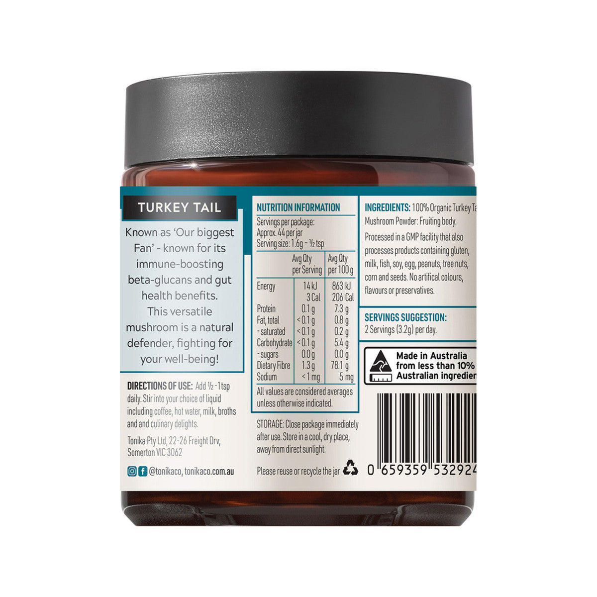 Tonika 100% Organic Mushroom Powder Turkey Tail 90g - Cutprice Online