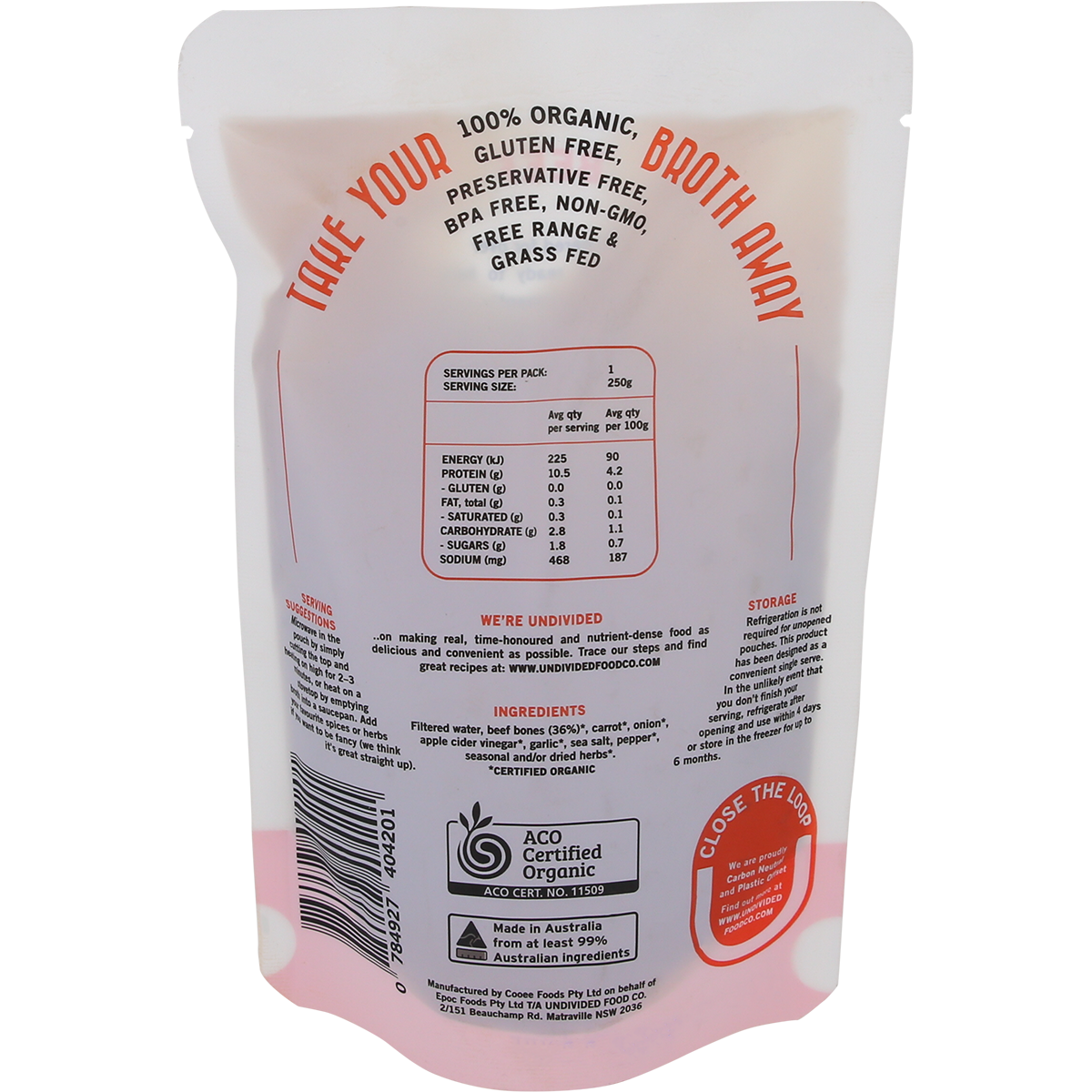 Undivided Food Co. Good Bones 100% Organic Beef Bone Broth 250ml