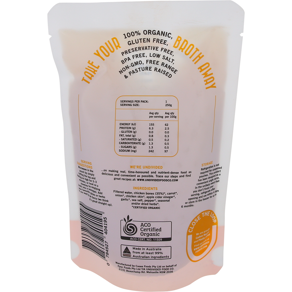 Undivided Food Co. Good Bones 100% Organic Chicken Bone Broth 250ml x 8 Pack