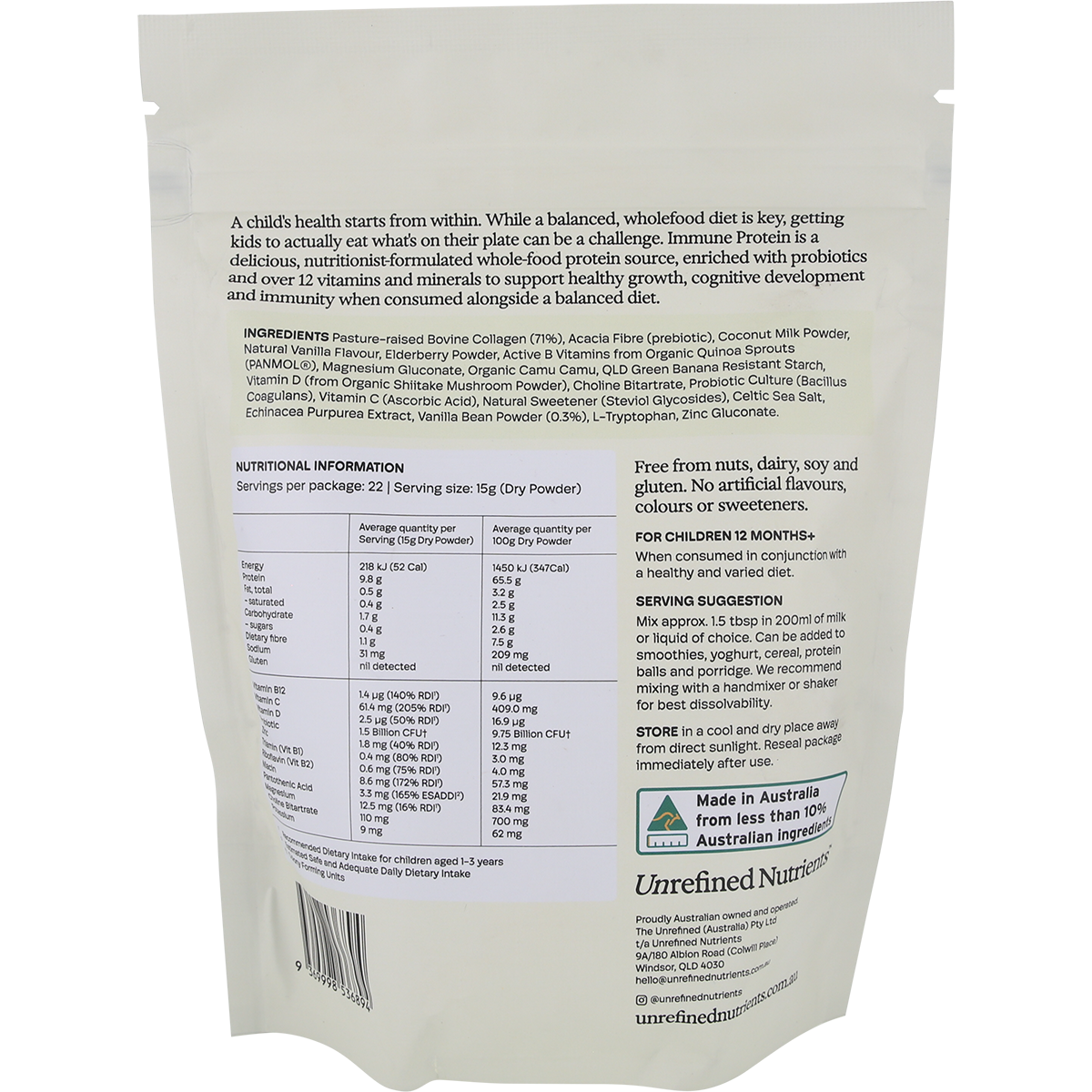Unrefined Nutrients Vanilla Vanguard Kid's Immune Protein 330g