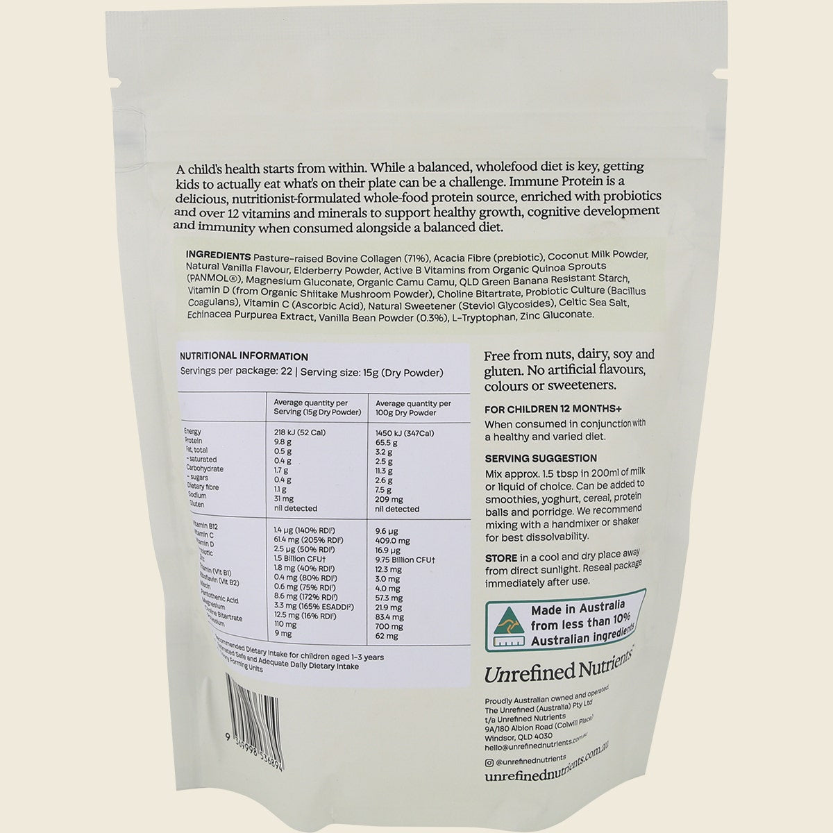 Unrefined Nutrients Kid's Immune Protein Vanilla Vanguard 330g