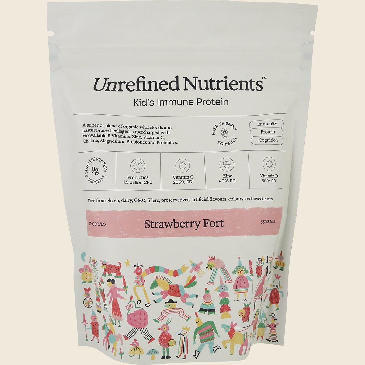 Unrefined Nutrients Kid's Immune Protein Strawberry Fort 330g