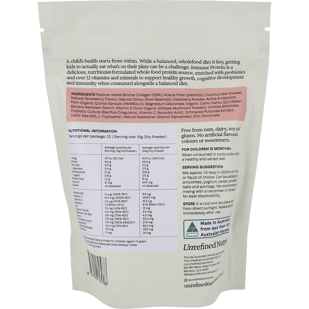 Unrefined Nutrients Strawberry Fort Kid's Immune Protein 330g