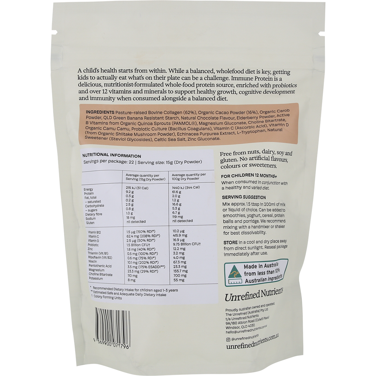 Unrefined Nutrients Cacao Cavalry Kid's Immune Protein 330g