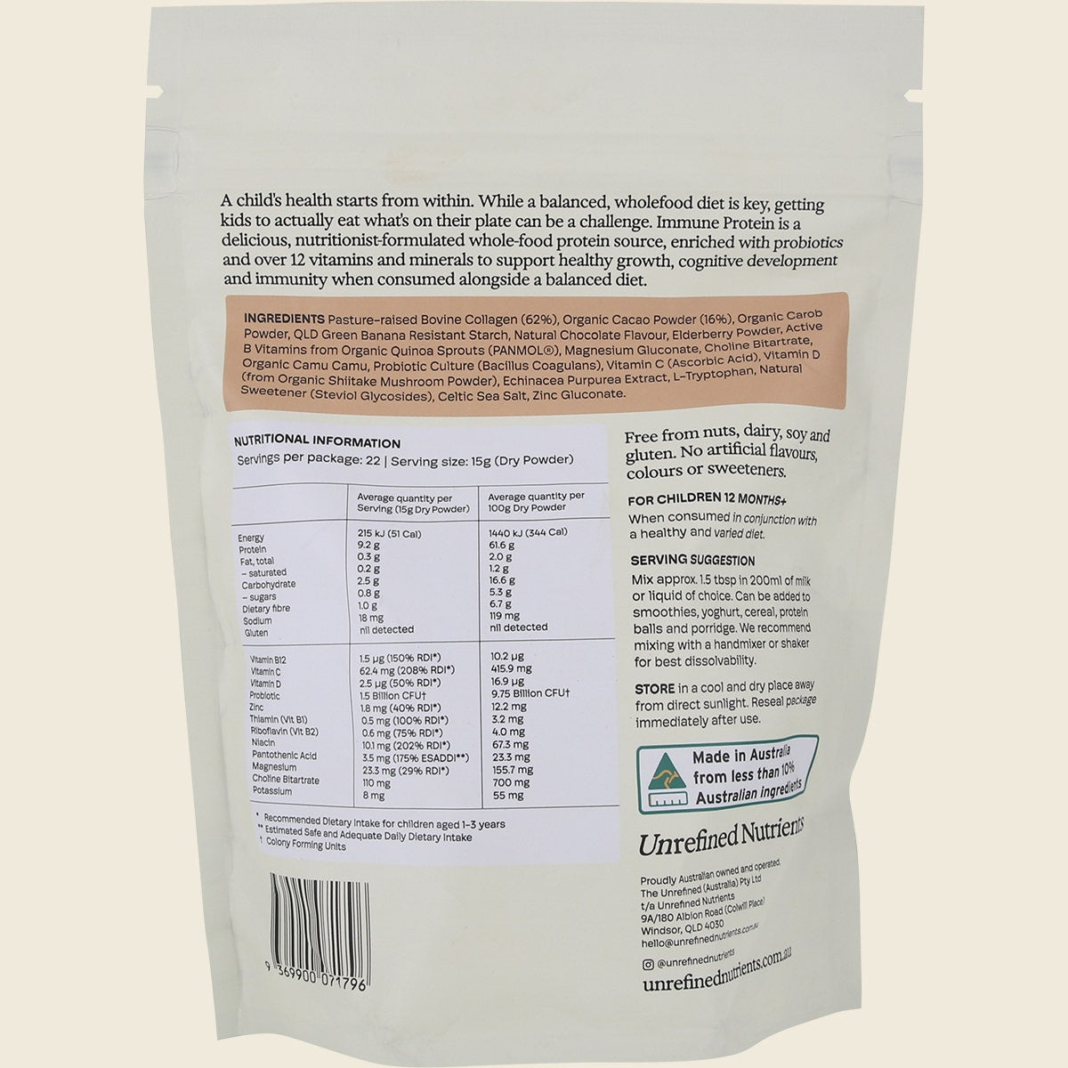 Unrefined Nutrients Kid's Immune Protein Cacao Cavalry 330g