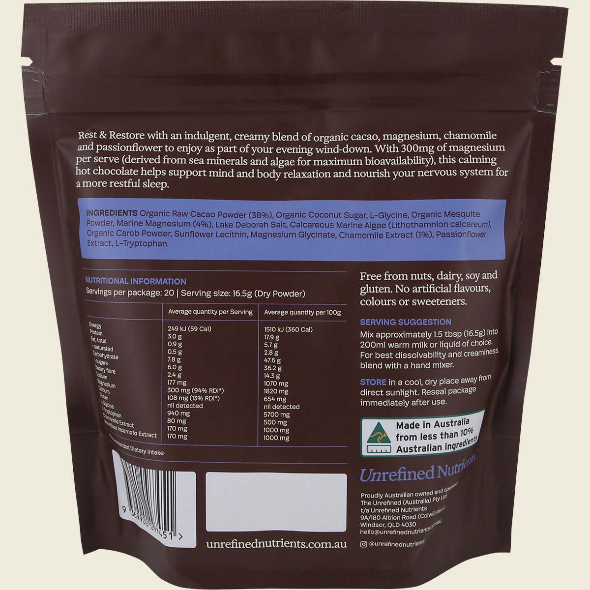 Unrefined Nutrients Magnesium & Chamomile Malt Hot Chocolate 330g