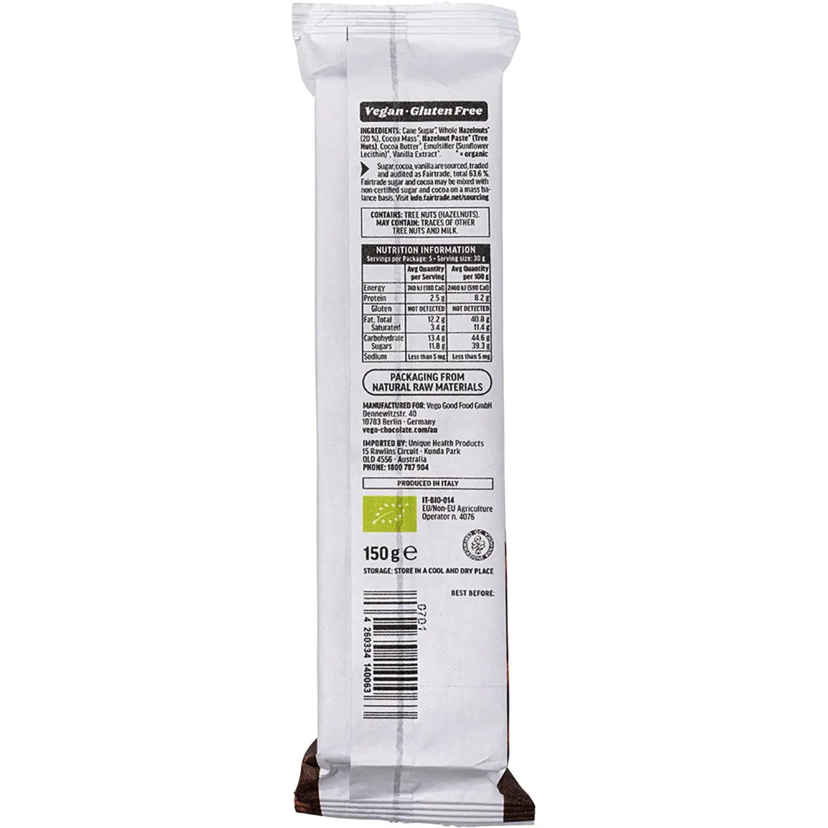 Vego Whole Hazelnut Chocolate Bar 20x150g VEGO