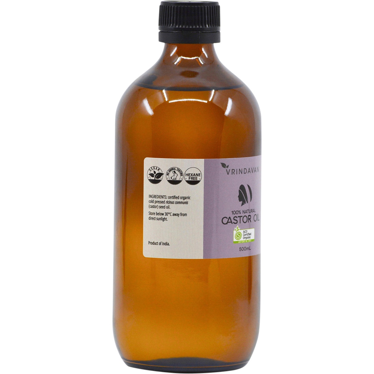Vrindavan Castor Oil 100% Natural - Amber Glass Bottle 500ml - Cutprice Online