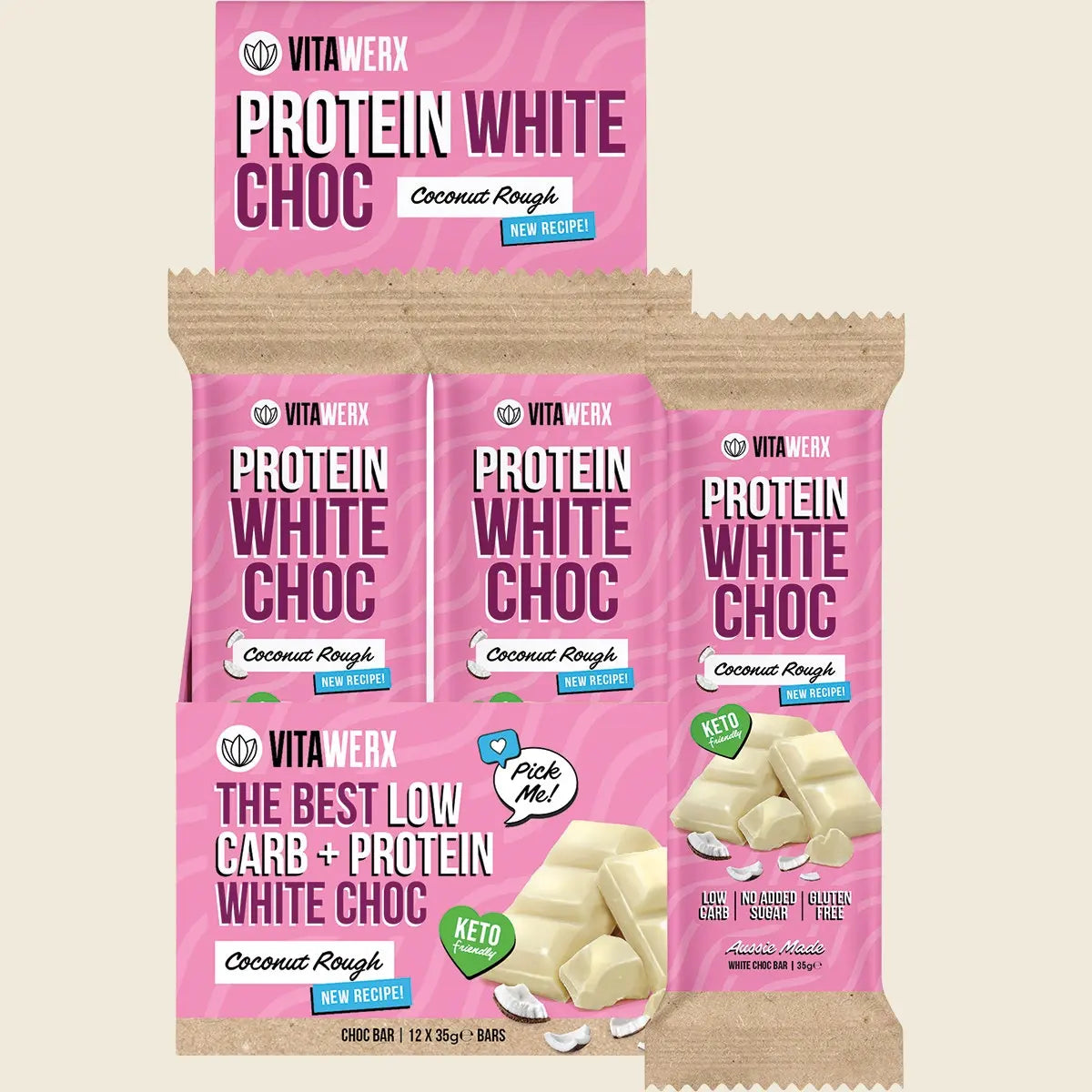 VITAWERX Protein White Chocolate Bar Coconut Rough 12x35g VITAWERX
