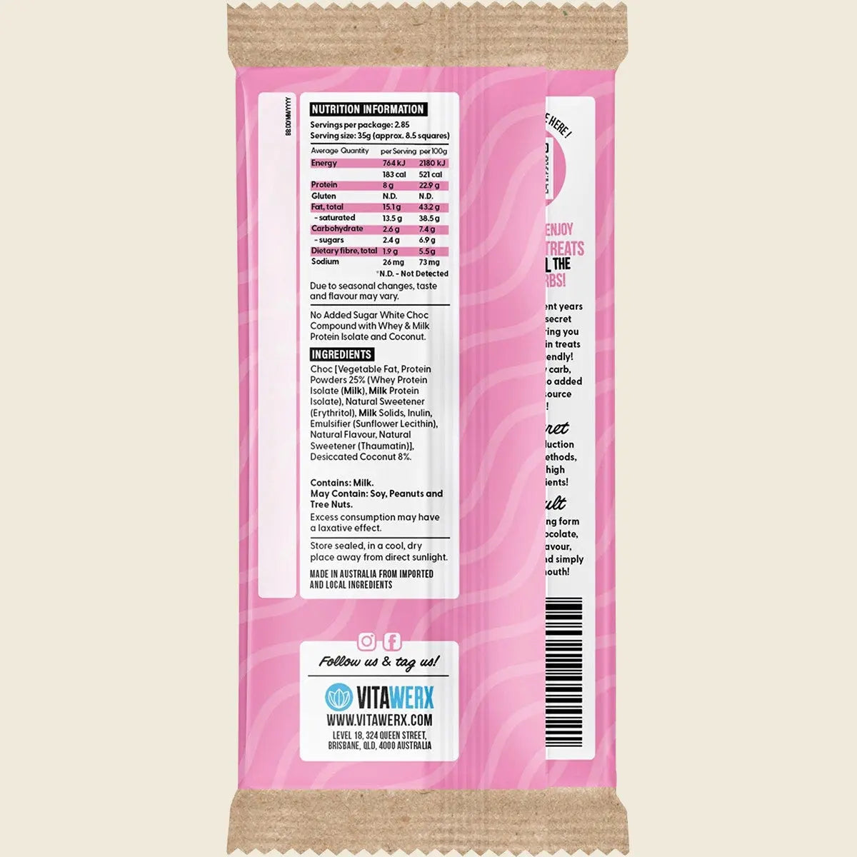 VITAWERX Protein White Chocolate Bar Coconut Rough 12x100g VITAWERX