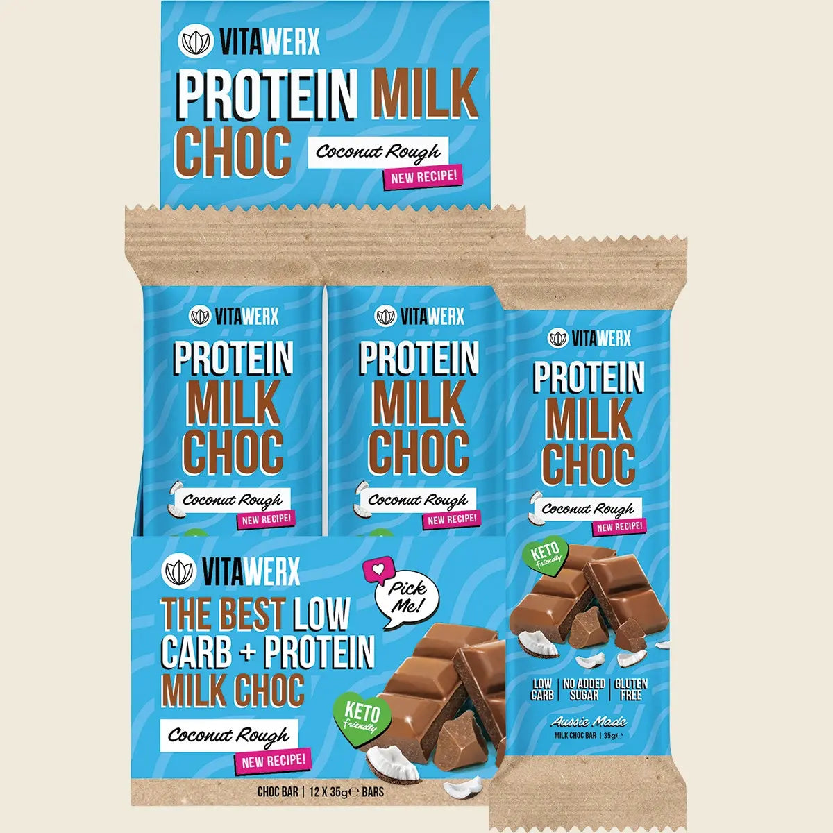 VITAWERX Protein Milk Chocolate Bar Coconut Rough 12x35g VITAWERX
