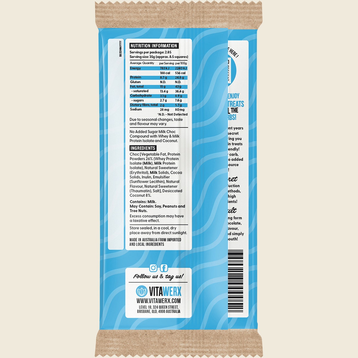 VITAWERX Protein Milk Chocolate Bar Coconut Rough 12x100g - Cutprice Online