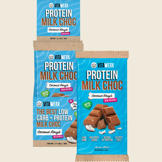 VITAWERX Protein Milk Chocolate Bar Coconut Rough 12x100g - Cutprice Online