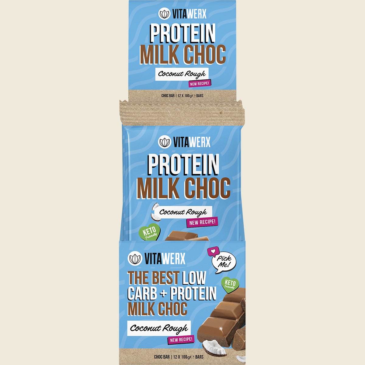 VITAWERX Protein Milk Chocolate Bar Coconut Rough 12x100g - Cutprice Online