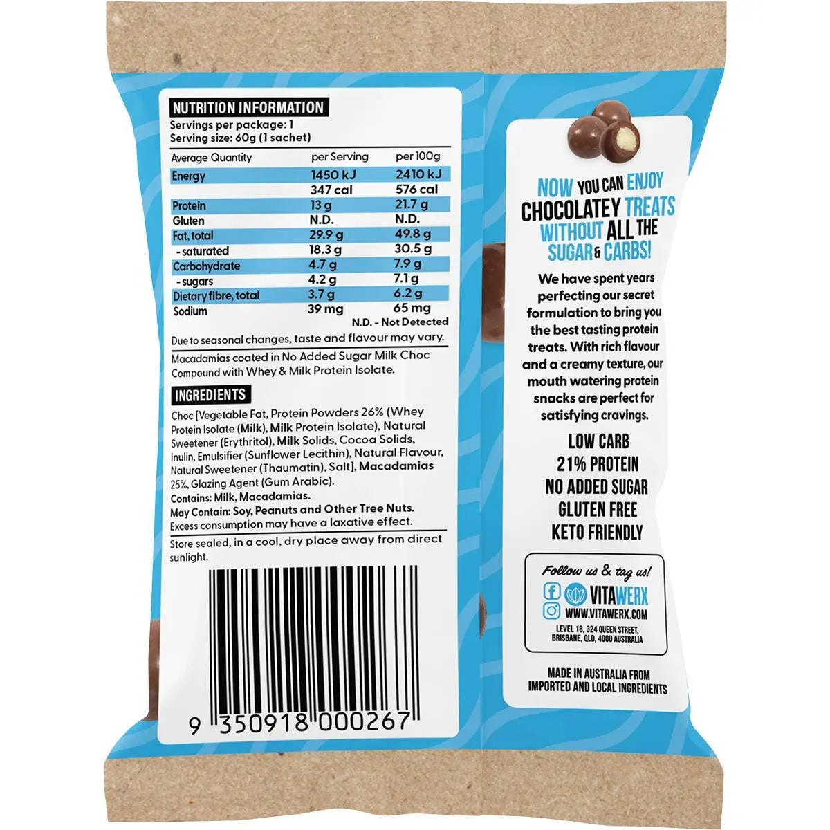 VITAWERX Protein Milk Chocolate Coated Macadamias 10x60g VITAWERX