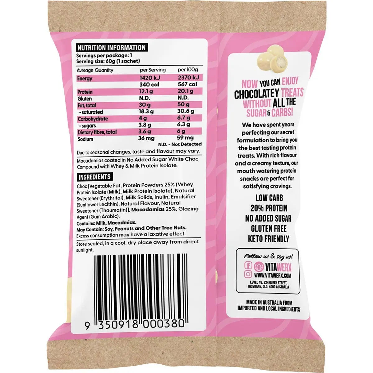 VITAWERX Protein White Chocolate Coated Macadamias 10x60g VITAWERX