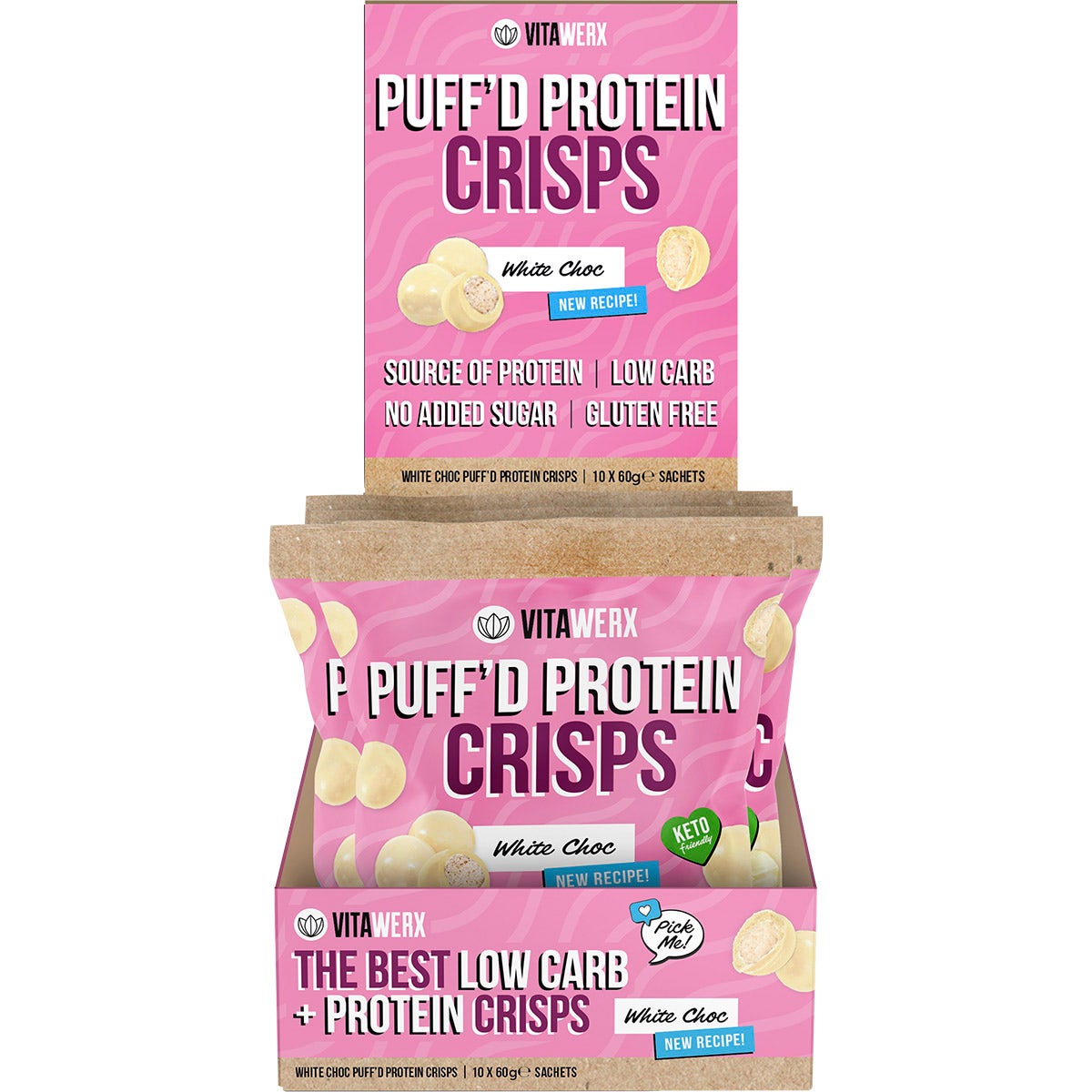VITAWERX Puff'd Protein Crisps White Choc 10x60g VITAWERX
