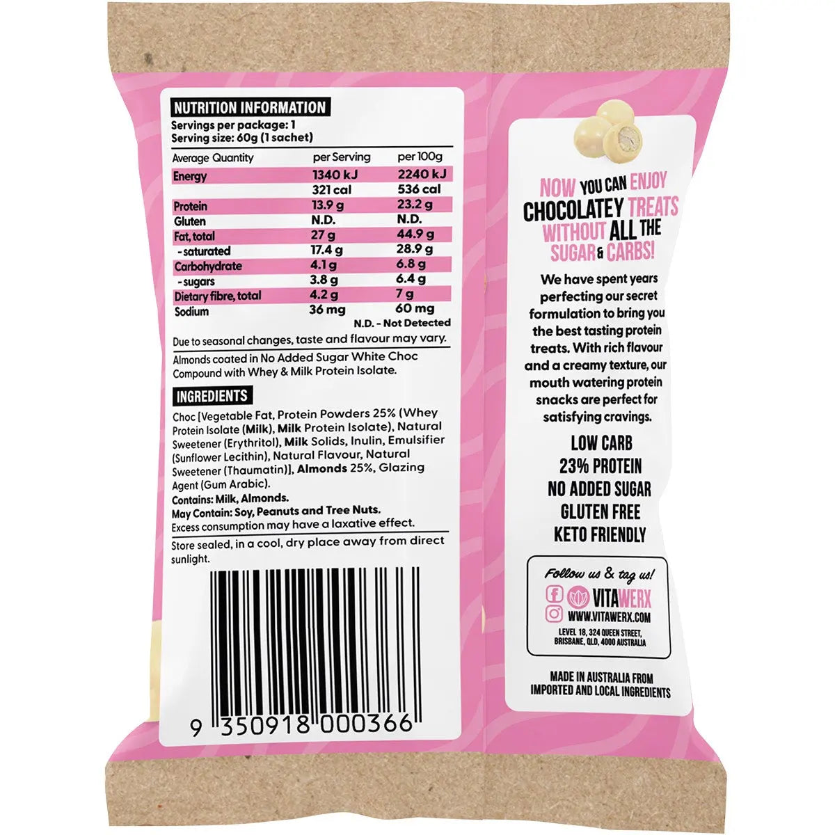 Vitawerx Protein White Choc Coated Almonds 10x60g VITAWERX