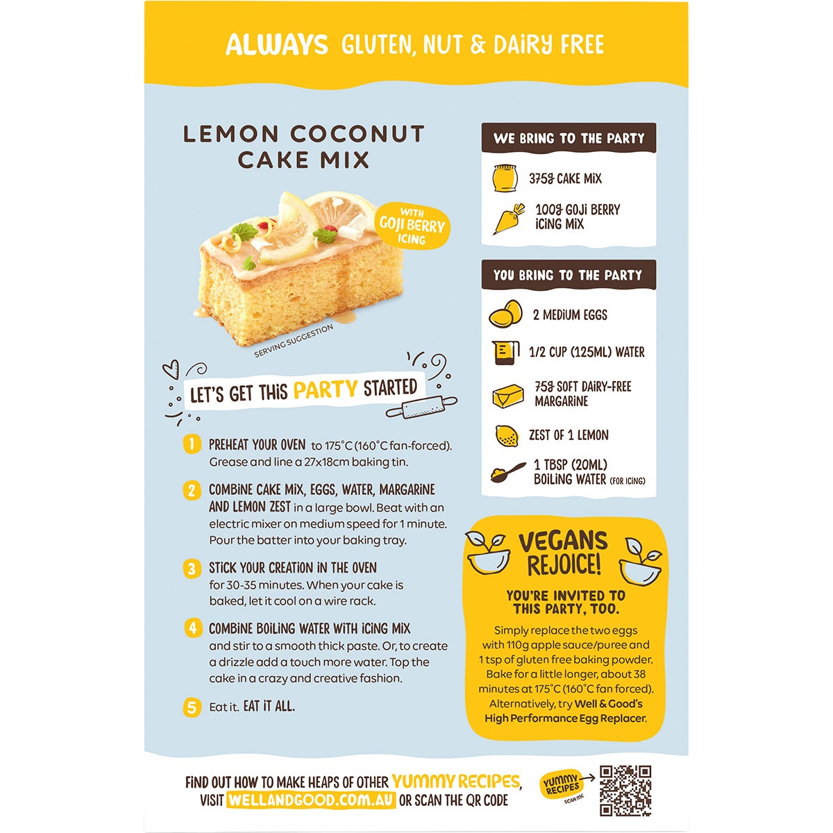 Well & Good Lemon Coconut Cake Mix with Goji Berry Icing 475g - Cutprice Online