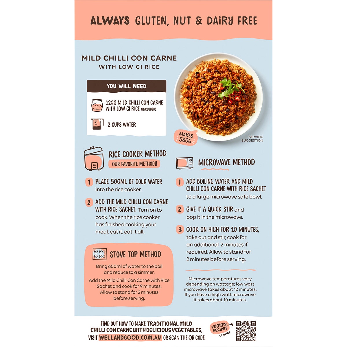 Well & Good Mild Chilli Con Carne with Low GI Rice 120g - Cutprice Online