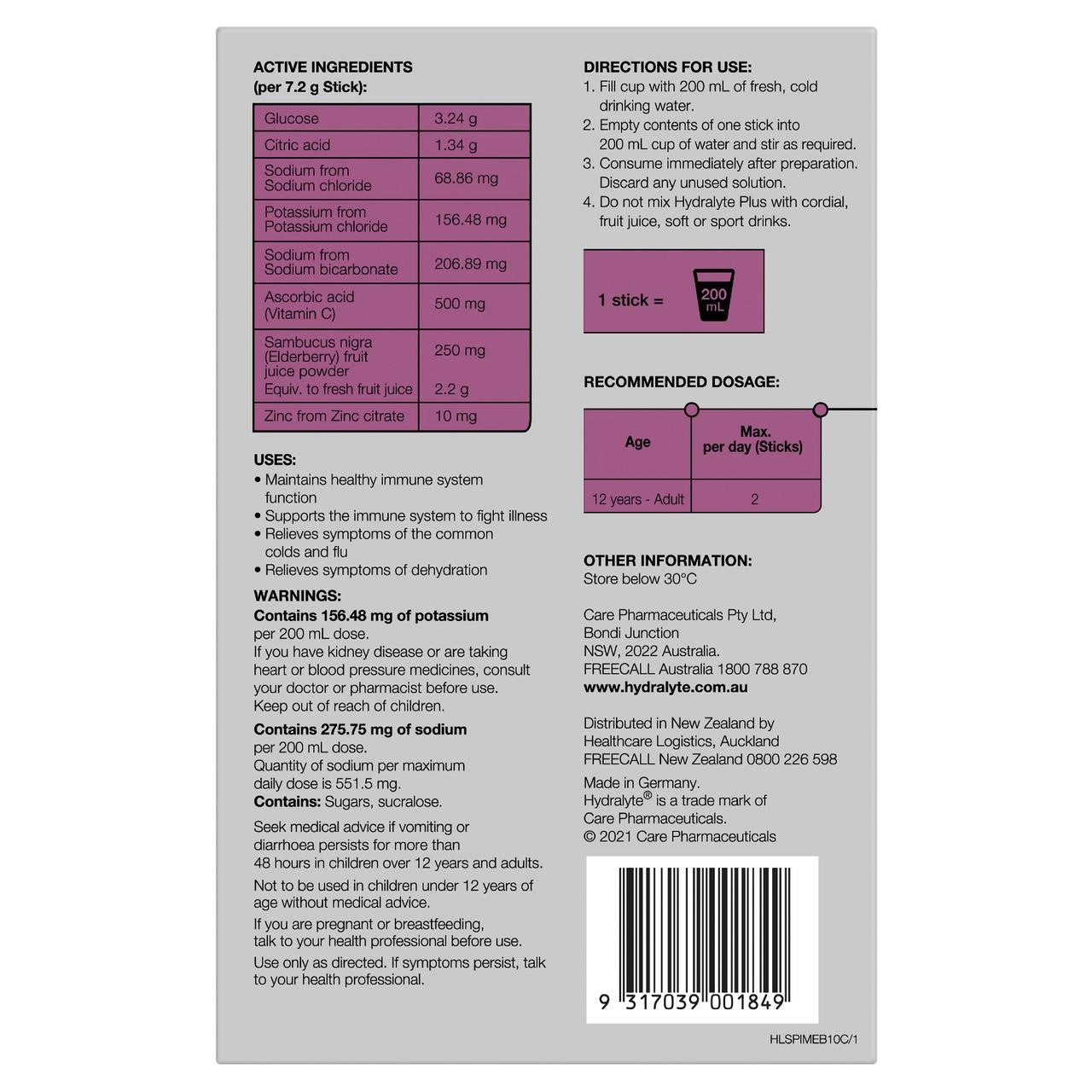 HYDRALYTE PLUS IMMUNITY ELDERBERRY 10 Sachets - Cutprice Online