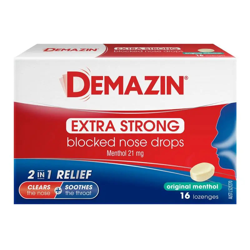 Demazin Extra Strong Blocked Nose Drops Menthol 16 Lozenges