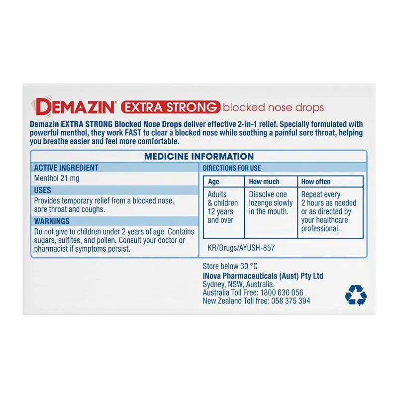 Demazin Extra Strong Blocked Nose Drops Menthol 16 Lozenges